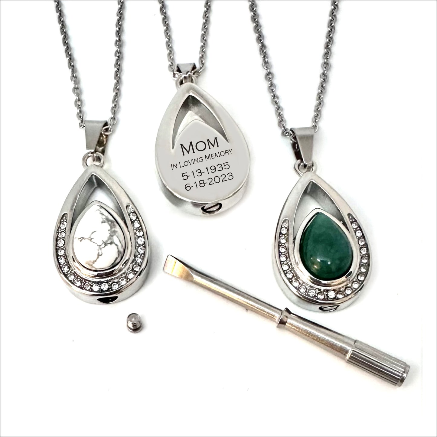 Personalized URN Teardrop Nature Stone CZ Keepsake Ashes Necklace Urn Pendant Cremation Memorial Jewelry for Women, Girls.