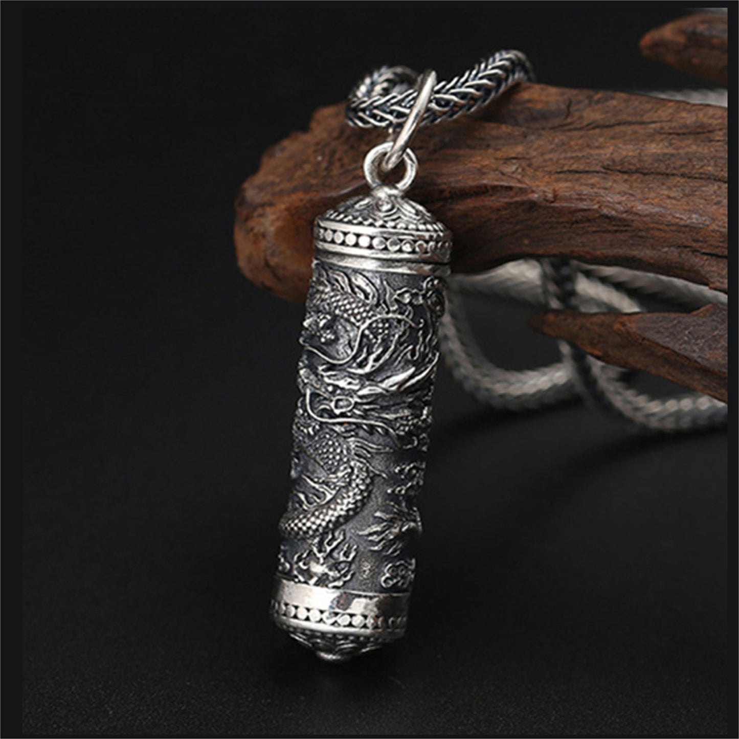 Genuine Solid 925 Sterling Silver Dragon Round Case Necklace-Anniversary Christmas Gift for Men, Him, Dad , Father , Husband