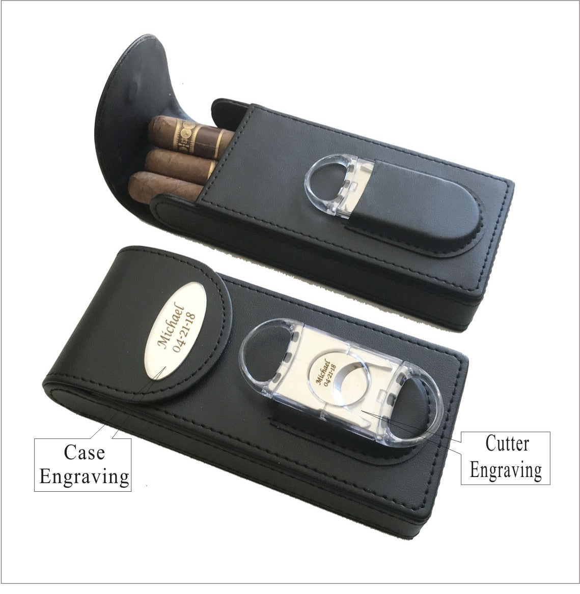 Personalized Black Cigar Case & Cigar Cutter  Custom engraved Cigar Case /Cutter-Anniversary Gift for Dad, Men, Him, Husband, Boyfriend