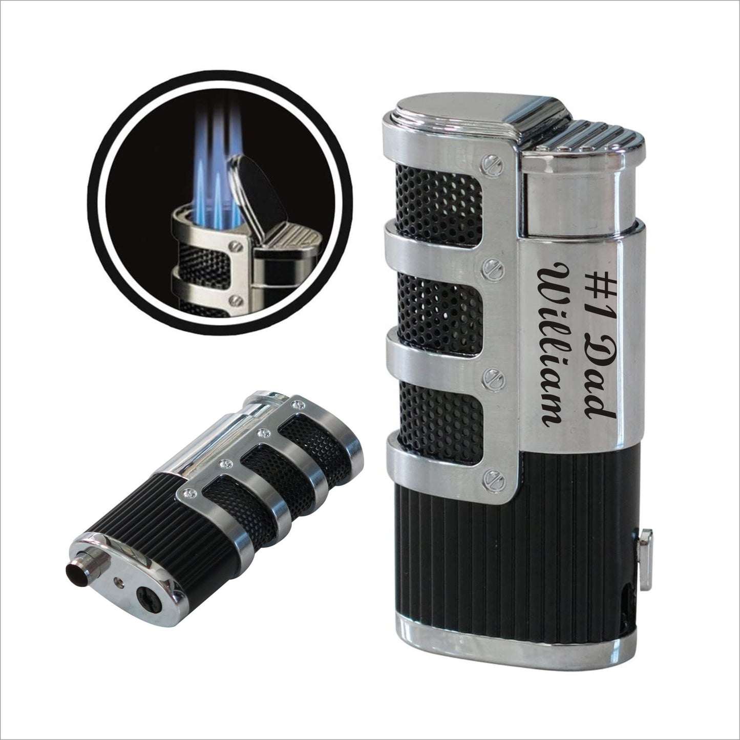 Personalized, Engraved Supernova Triple Jet Flame Torch Windproof Cigar Lighter with Punch Cutter Tool- Christmas Gift for Dad, Grandpa, Men.