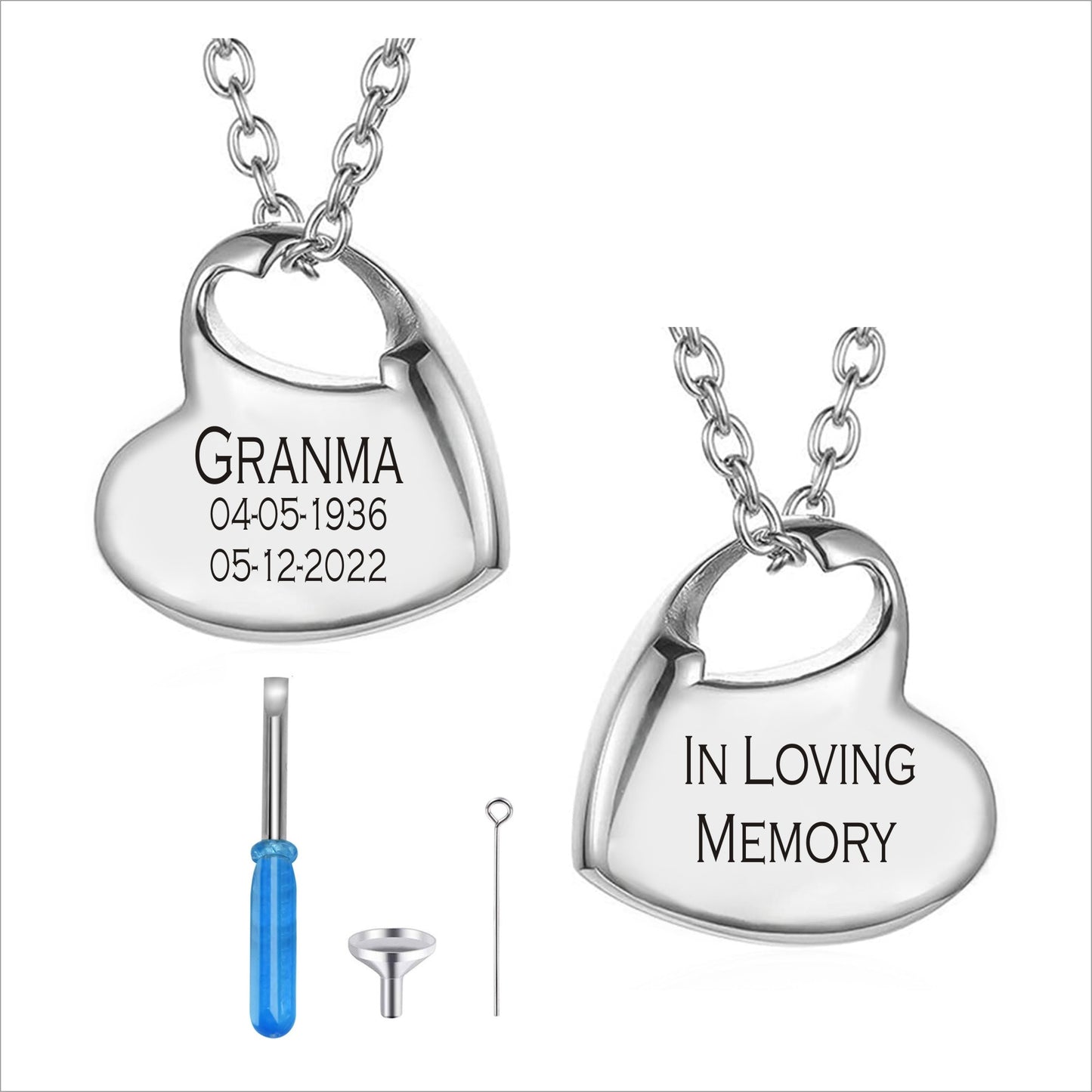 Personalized URN Engraved Double Hearts Keepsake Ashes Necklace Urn Pendant Cremation Memorial Jewelry for Women, Kids.