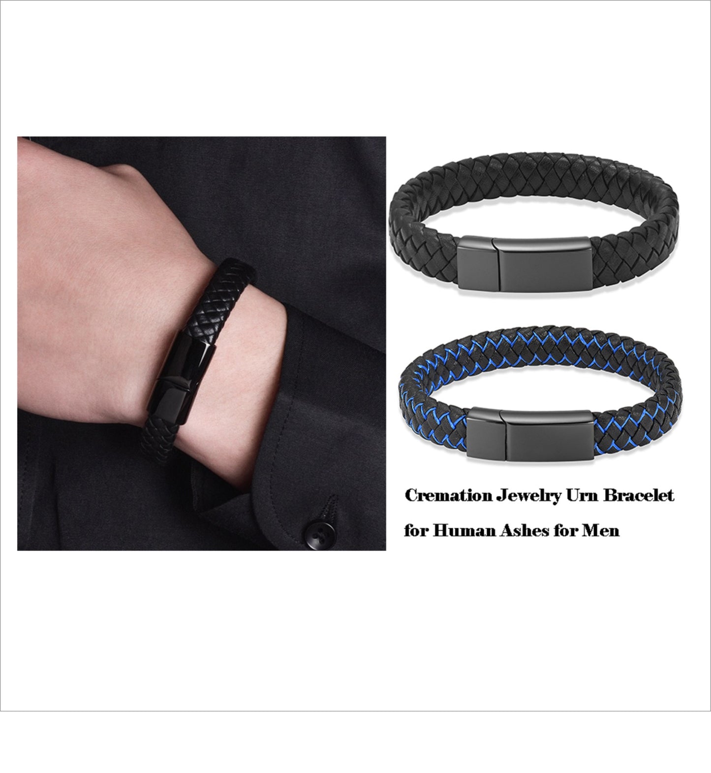 Personalized URN Cremation Jewelry Urn Leather Bracelet for Ashes -Women Men Memorial Braided Leather Urn Bracelet for Human Ashes Keepsake Cuff Bangle