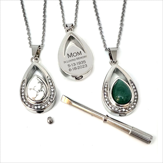 Personalized URN Teardrop Nature Stone CZ Keepsake Ashes Necklace Urn Pendant Cremation Memorial Jewelry for Women, Girls.